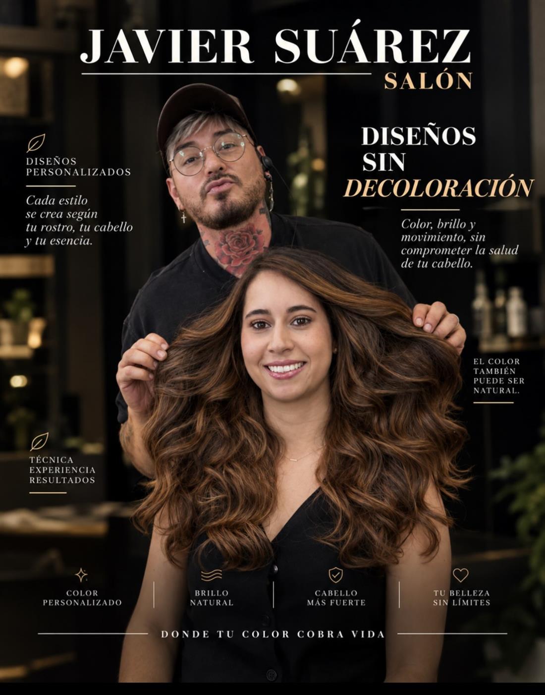 Portada: Javier Suárez con una clienta, diseños sin decoloración